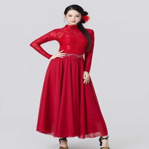 뉴 스퀘어 댄스 앙상블 레이스 긴 소매 공연 의상 540 튤 롱 스커트 댄스복 신장 댄스 공연복