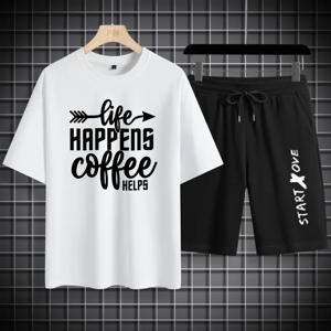 남성용 세트 여름 빠른 건조 라이프 해피스 커피 헬프스 스타트 러브 프린트 그래픽 티셔츠 수트 트랙수트 남성 의상 반바지