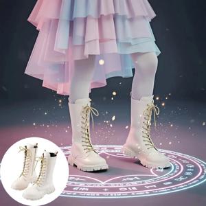 여아용 화이트 레이스업 부츠 부티 사이드 지퍼 소프트 바텀 가죽 드레스/학교 라이딩 부츠 키즈 가을/겨울 패션 미드 부츠