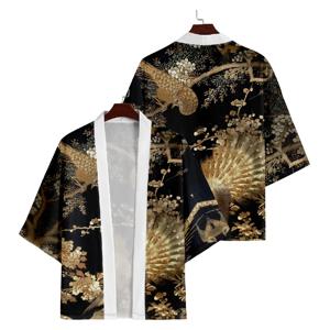 패션 공작새 프린트 가디건 유카타 일본 사무라이 기모노 코스프레 셔츠 여성 남성 비치 하오리 오버사이즈 전통 탑