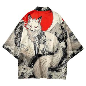 중국 화이트 폭스 프린트 카디건 기모노 여성 남성 일본 하오리 코스프레 셔츠 패션 비치 유카타 플러스 사이즈