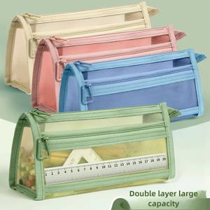 1개 데스크 수납 모란디 그리드 메쉬 필통 (손잡이 및 지퍼 포함) 투명 이중 레이어 연필 파우치 마커 파우치, 여행 가방