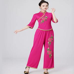 스퀘어 댄스 의상 여성 벨 슬리브 스탠드 칼라 민속 무용복 공연 드레스 슬림핏 밀크 실크 7부 소매