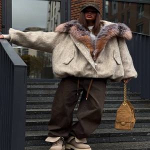 빈티지 인조 모피 울 재킷 여성 패션 두꺼운 후드 포켓 랜턴 소매 탄력 있는 허리 코트 2026 여성 일상 외투