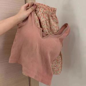 여성용 작은 에메랄드 꽃 조끼, 가슴 쿠션, 편안한 면 잠옷 세트, 한국 스타일, 섹시하고 귀여운 홈 의류