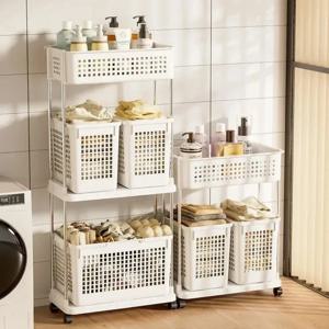 휴대용 다층 세탁 바구니, 가정용 더러운 옷 보관 트롤리, 롤링 세탁 카트, 욕실 옷 선반