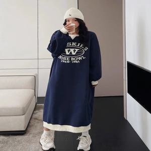 플러스 사이즈 한국 스타일 루즈 캐주얼 스웨트셔츠 드레스 체중 감량 적용 가능한 시나리오 A라인 스커트 긴 소매 중간 길이