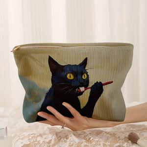 검은 고양이 패턴 코듀로이 메이크업 가방, 경량 지퍼 메이크업 보관함, 안감이 있는 다기능 가방, 1 개