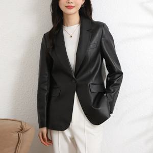 100% 진짜 가죽 슬림 피트 블레이저 자켓 여성 세련된 블랙 싱글 버튼 사무실 여성 옷깃 정품 양피 정장 재킷 M-4XL