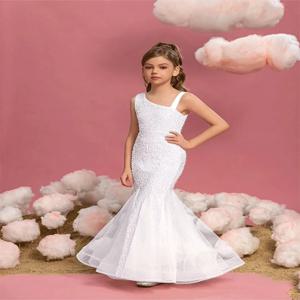흰색 스팽글 소녀 생일 피쉬테일 이브닝 드레스 스팽글 소녀 스팽글 케이크 쿠폰 반짝 이는 성능 이브닝 드레스