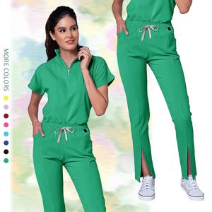 고품질의 새로운 의료 간호사 유니폼 스크럽 세트 여성 지퍼 v 넥 탑과 바지 병원 작업복 의사 정장 미용 작업복
