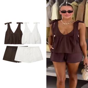 TFMLN 여름 신상 여성 우아한 반바지 세트 시크 V넥 리본 숄더 스트랩 탑 캐주얼 미니 반바지 여성 솔리드 슬림 세트