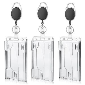 투명 이중 카드 슬롯 ID 태그 배지 홀더 (배지 릴 포함) 2개 카드 수납 정리함 직원 패스 작업 카드 케이스 슬리브