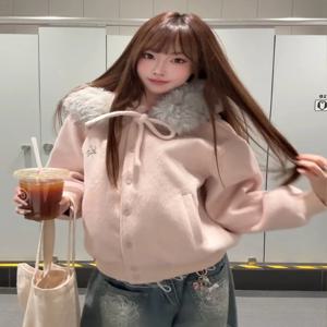 2025 겨울 두꺼운 핑크 오픈 가디건 버튼 달린 울 코트 여성용 루즈핏 나비 매듭 벨트 재킷 상의 따뜻한 플란넬 원단