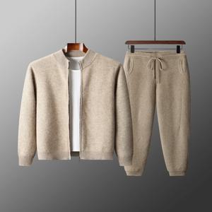 100% 메리노 울 남성용 투피스 수트 가을 겨울 니트 지퍼 가디건과 슬림핏 바지 따뜻한 두꺼운 의류 세트