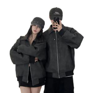 미국 스타일 브라운 가죽 재킷 여성 루즈 아우터웨어 코트 긴 소매 따뜻한 PU 소재 패셔너블 트렌디 브랜드