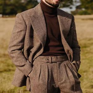 헤링본 남성 정장 2피스 세트 패션 라펠 더블 브레스티드 턱시도 신랑 블레이저 바지 파티 비즈니스 맞춤 제작 인기 상품