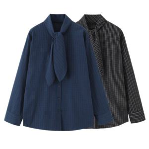 가을 스카프 칼라 긴 소매 싱글 브레스티드 체크 셔츠 여성 다용도 패셔너블 블라우스 여성 캐주얼 시크웨어 2025