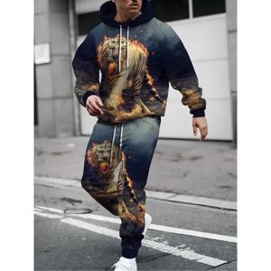 남성 플러스 사이즈 3D 호랑이 프린트 후드 스웨트셔츠 및 스웨트팬츠 세트 일반판 캐주얼웨어