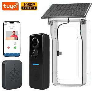 투야 야외 무선 초인종 태양광 커버 1080P 비디오 인터콤 양방향 오디오 모션 감지 도어 카메라 와이파이 초인종