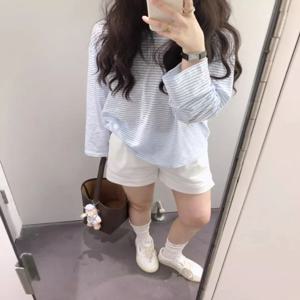 블루 스트라이프 긴 소매 티셔츠 여성 여름 얇은 자외선 차단 루즈 슬리밍 에어컨 아우터 캐주얼 탑