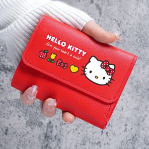 헬로 키티 이중 접이식 짧은 지갑, 단색 짧은 지갑, 다중 수납 공간 디자인의 슬림하고 가벼운 PU 가죽 카드 홀더