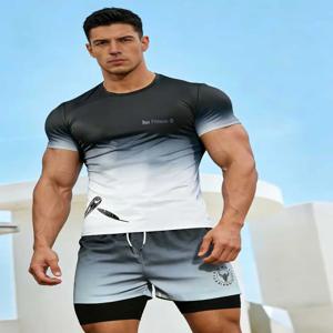 여름 남성 스포츠웨어 세트 피트니스 러닝 반팔 티셔츠 라운드넥 빠른 건조 얇은 캐주얼 투피스 세트