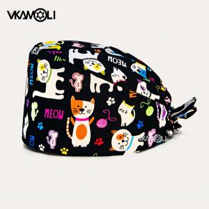 도매 귀여운 고양이 패턴 시리즈 인쇄 수술 모자 스크럽 캡 애완 동물 클리닉 병원 수의학 의료 면화 스크럽 모자