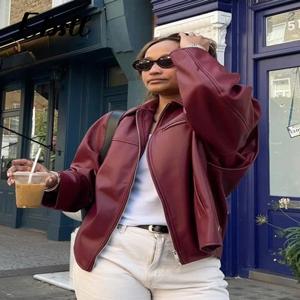 패션 레드 와인 가죽 재킷 여성 루즈 라펠 지퍼 롱 랜턴 슬리브 코트 2025 가을 신상 여성 빈티지 아우터웨어