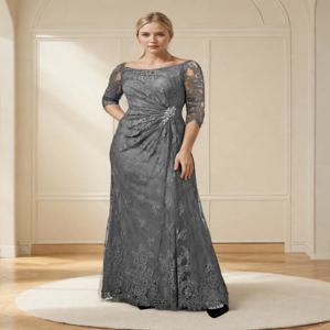 A 라인 신부 어머니 원피스 웨딩 하객 우아한 플러스 사이즈 레이스 프릴 크리스탈 브로치, 사이드 드레이프, 무료 맞춤형 2025