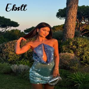 스팽글 백리스 대비 컬러 미니 드레스 여성 홀터넥 오프 숄더 파티 드레스 2025 Summer Street Glitter Robe