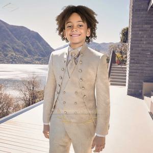 프리미엄 남아용 자카드 슈트 – 3피스 맞춤형 고귀한 빈티지 궁전 스타일, 결혼식 및 연회를 위한 우아한 왕실 룩