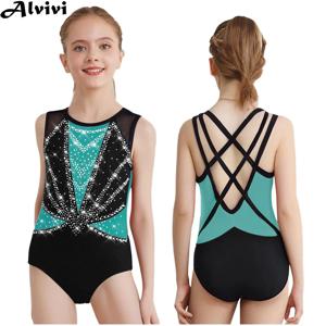 키즈 여자 피겨 스케이팅 의상 발레 댄스 곡예 체조 요가 바디 슈트 민소매 반짝 이는 라인 석 메쉬 레오타드