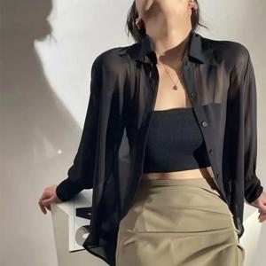 여성을위한 SMVP 시폰 블라우스 2025 뉴 여름 쉬어 메쉬 긴 소매 태양 보호 셔츠 한국 패션 Office 레이디 셔츠상의