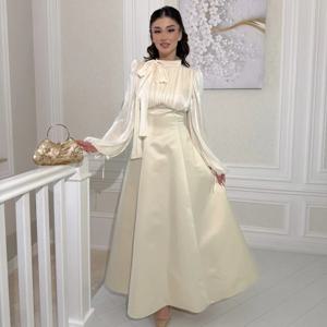 맞춤형 모던 스타일 클래식 Charmeuse 라인스톤 보우 A 라인 하이 칼라 발목 길이 드레스 맞춤형 행사 드레스 공식