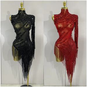 반짝 이는 라인 석 Tassel 섹시한 시스루 드레스 여성 한 어깨 라틴 댄스 의상 바 나이트 클럽 파티 무대 의상