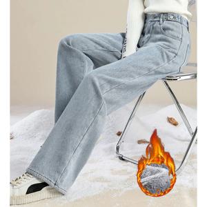 겨울 여성용 플러시 보온 하이웨이스트 솔리드 청바지 레이디 플리스 스노우 웜 데님 팬츠 여성 배기 스트레이트 레그 데일리 트라우저