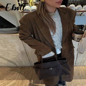 하이 스트리트 더블 브레스트 스웨이드 재킷 여성 빈티지 턴다운 칼라 스플릿 롱 코트 2025 가을 겨울 신상 여성 아우터