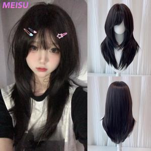 MEISU 26인치 합성 스트레이트 가발 사이드 스윕 뱅 헤어 블랙 티 내열성 자연스럽고 부드러운 여성용 데일리 착용