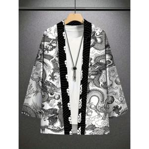 남성 패션 3D 드래곤 패턴 긴 소매 재킷 사무라이 의상 일본식 케이프