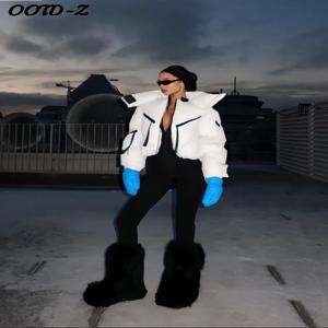 시크한 솔리드 코튼 패딩 크롭 코트 여성 루즈한 배색 따뜻한 긴 소매 지퍼 재킷 2025 패션 가을 겨울 코트 여성용