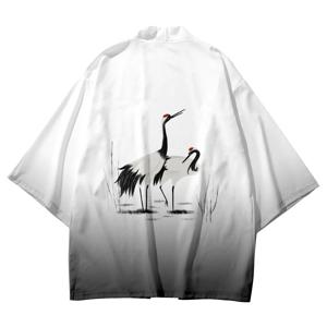 여름 해변 패션 크레인 대나무 프린트 가디건 하오리 캐주얼 여성 루즈 셔츠 기모노 스트리트웨어 남성 망토 탑