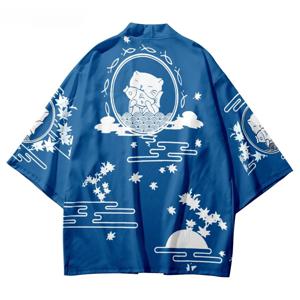여름 해변 캐주얼 오버사이즈 가디건 블루 하오리 여성 전통 의상 일본 고양이 프린트 기모노 남성 상의