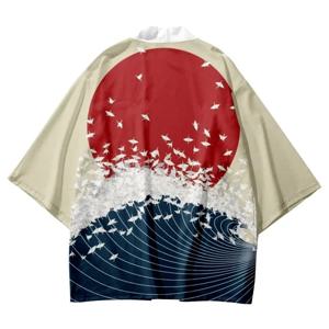 패션 레드 선 아시아 의류 2025 일본 프린트 기모노 셔츠 남성용 루즈 사무라이 가디건 탑