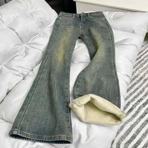 따뜻한 플리스 안감 빈티지 블루 진 여성 겨울 하이웨이스트 슬림핏 부츠컷 팬츠 심플한 가을 따뜻하고 편안한 데님