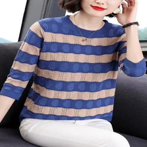 아이스 실크 7부 소매 니트 스웨터 여성용 스트라이프 루즈 슬림핏 베이스 셔츠 속이 비치는 포켓 손수건