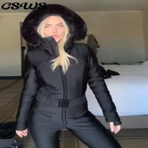 시크한 인조 퍼 패치워크 여성 스키 점프수트 하이 웨이스트 벨트 지퍼 포켓 여성 스키복 2025 겨울 봄 여성 롬퍼