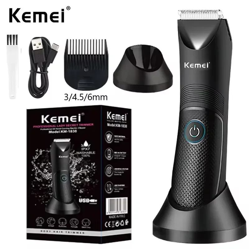 Kemei KM-1838 사타구니 부위 헤어 트리머 잔디 깎는 기계 세라믹 블레이드 방수 습식 건식 클리퍼 음모 겨드랑이 바디 헤어 위생 면도기