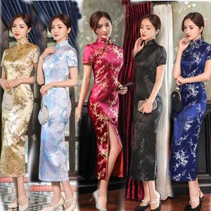 플러스 사이즈 4XL 슬림 중국어 번체 Cheongsam 짧은 소매 전면 분할 빈티지 드레스 여성 긴 드레스 매화 Qipao