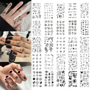 10pcs 손가락 패턴 방수 임시 문신 스티커 귀여운 만화 사랑 꽃 불꽃 스타 바디 아트 팔 가짜 문신 여성 남성